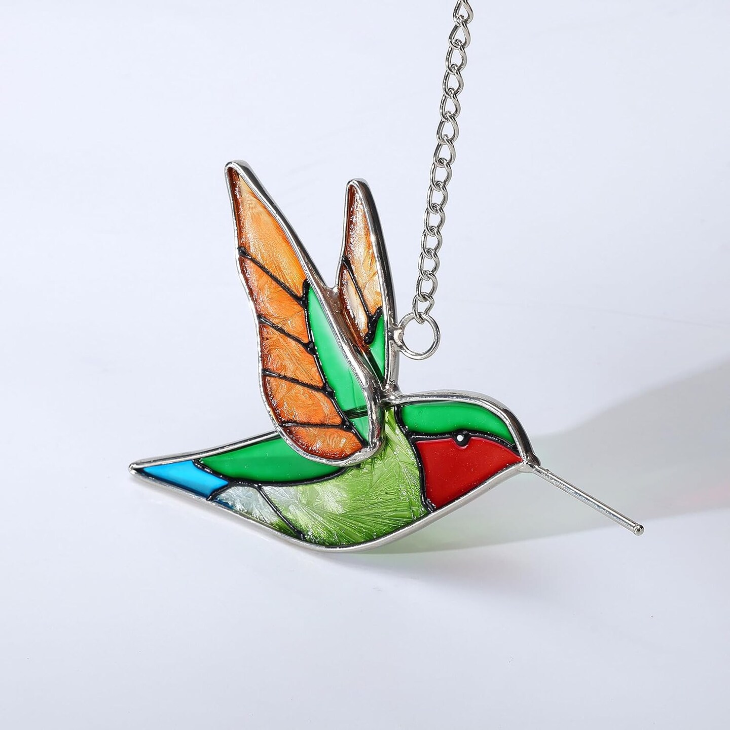 Handmade Stained Glass Hummingbird Hanging Ornament,Colorful 4.3x4.9 Inch