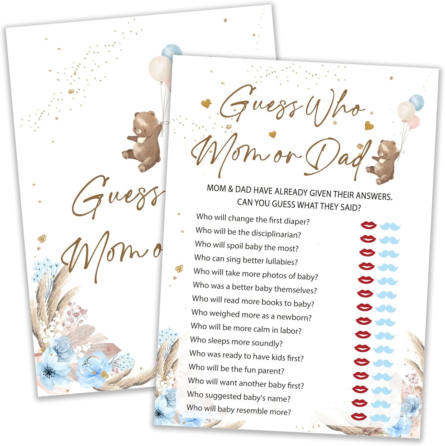 Baby Shower Games, Who Mommy Or Daddy Game, Bear Themed Blue Baby Shower Games Card for 25 Players