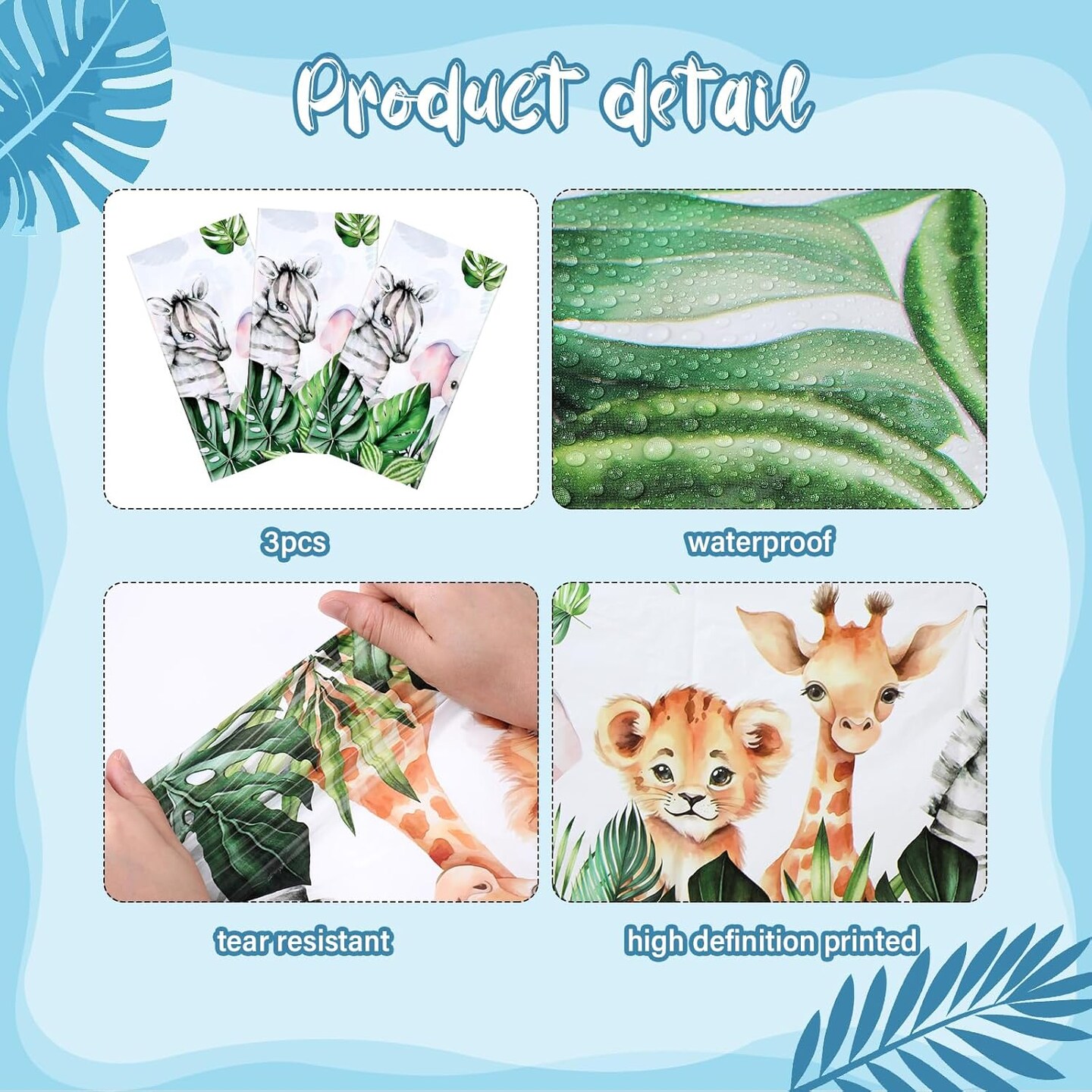 3 Pieces Jungle Safari Tablecloths Wild Animals Plastic Table Cover Palm Leaves Hawaiian Luau