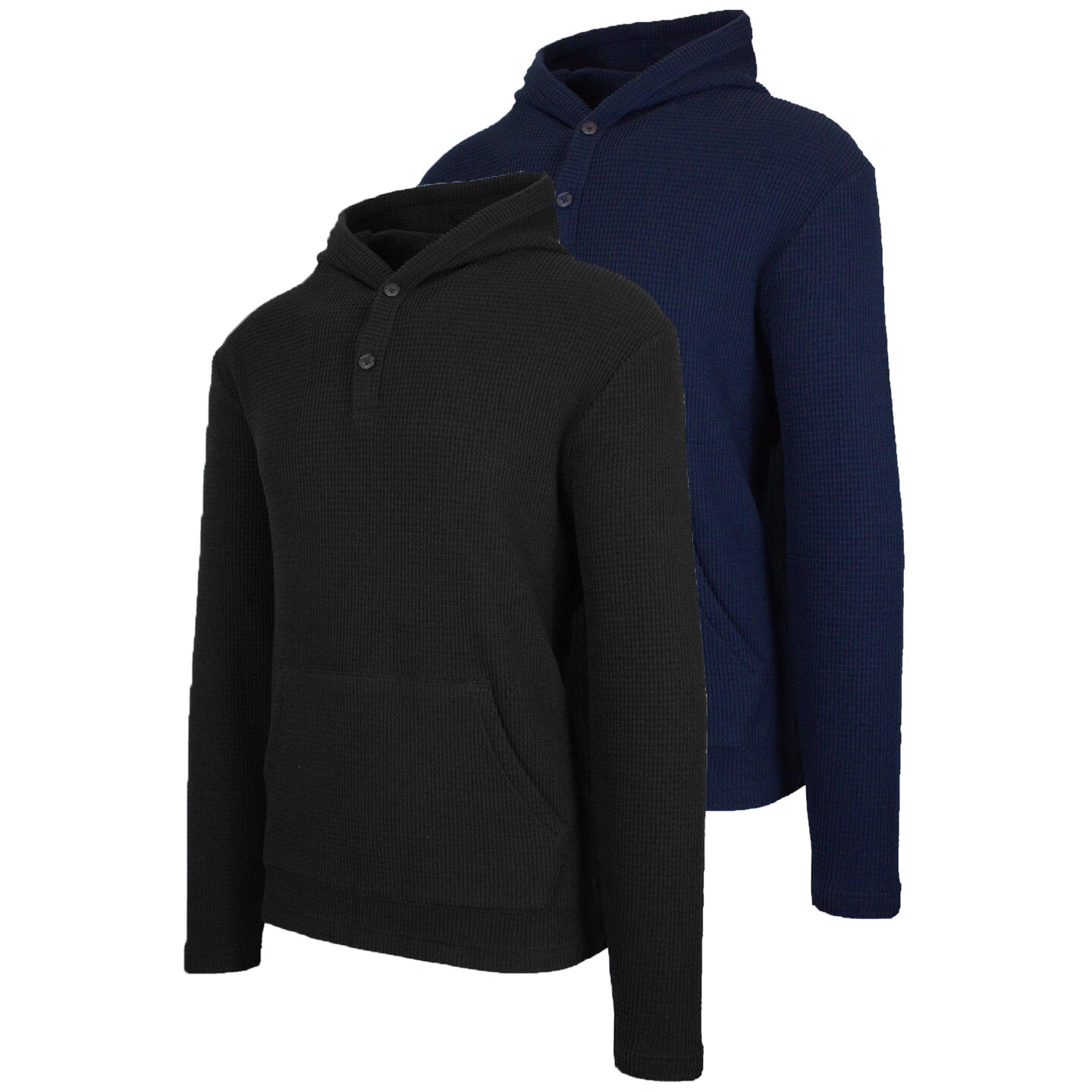 Blue Ice Men's Loose Fit Waffle Knit Thermal Henley Pullover Hoodie -2 Pack