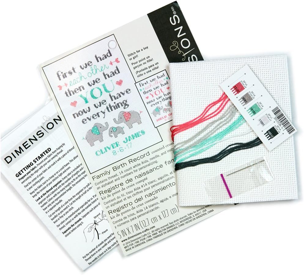 Personalized Baby Elephant Counted Cross Stitch Kit – 14CT Ivory Aida, 7×5 Inch Birth Record DIY Embroidery for Nursery Keepsake