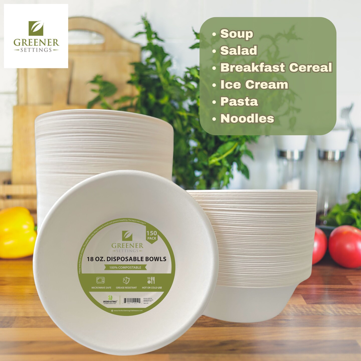 Greener Settings 150-Pack 18 oz Compostable Paper Bowls &#x2013; Heavy-Duty Bagasse, Biodegradable, Microwavable, Grease-Resistant, for Hot Soups, Salads, and Snacks