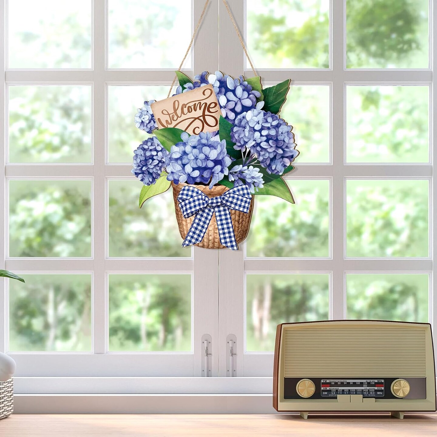 Summer Porch Sign Decor, Hydrangea Flowers Spring Wreath for Front Door, Welcome Hanging Sign for Home, Summer Decor Sign