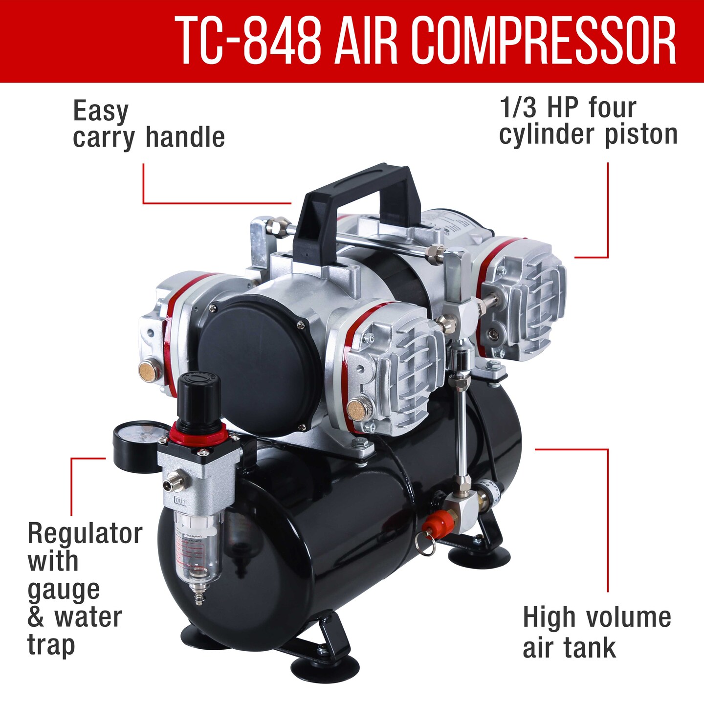 Multi-Purpose High Performance G22 Airbrush Kit with TC-848 4 Cylinder Piston Air Compressor with Air Storage Tank &#x26; Air Hose