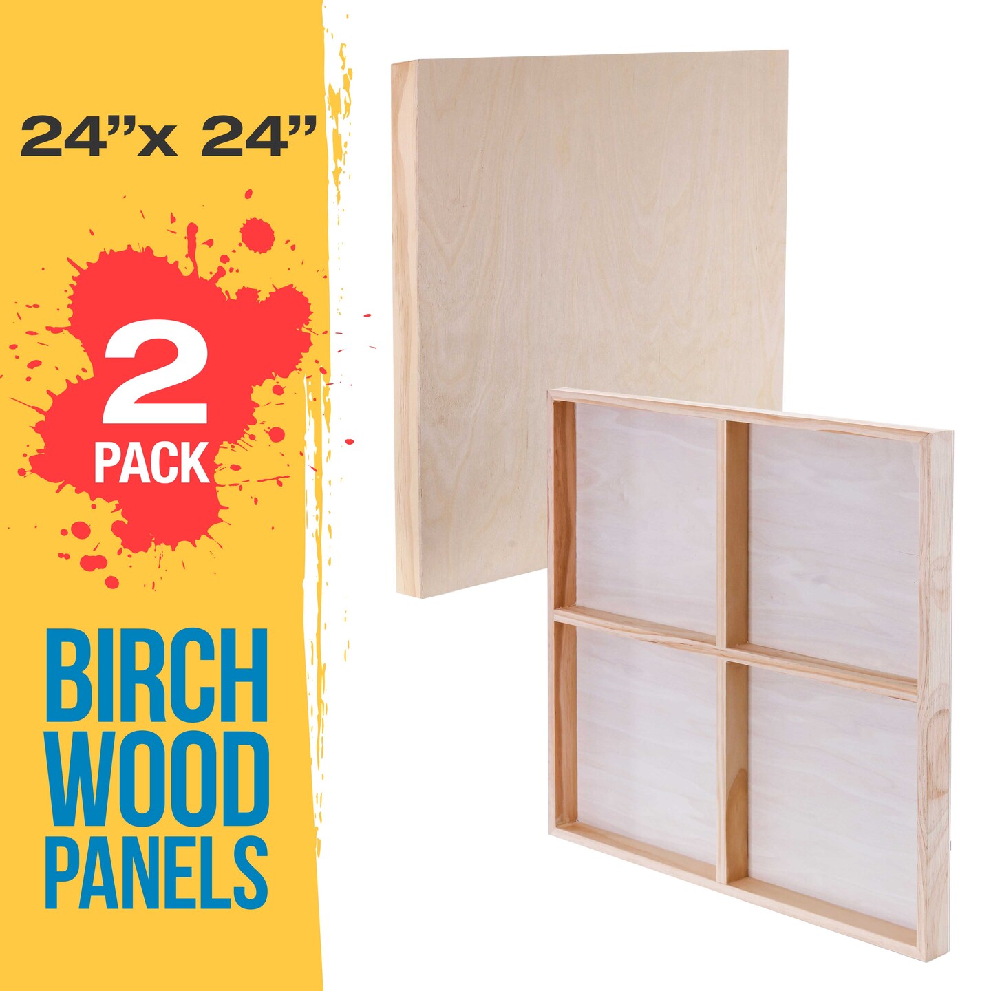 Unfinished Cradled Wood Panels for Painting, 2 Pack of 24x24 inch - Gallery Birch Wooden Canvas Boards 1-1/2&#x22; Deep - Mixed-Media Craft, Acrylic, Oil, Encaustic, Paint Pouring