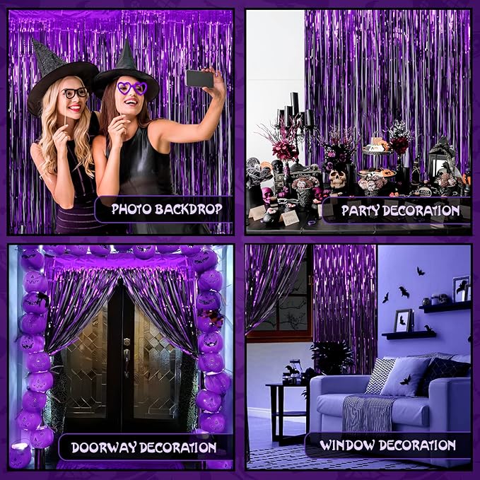 4 Pack Halloween Party Decorations,Black and Purple Tinsel Foil Fringe Curtains,Halloween Theme Photo Booth Prop Streamer Backdrop Decor Indoor Outdoor Party Supplies for Birthday Anniversary