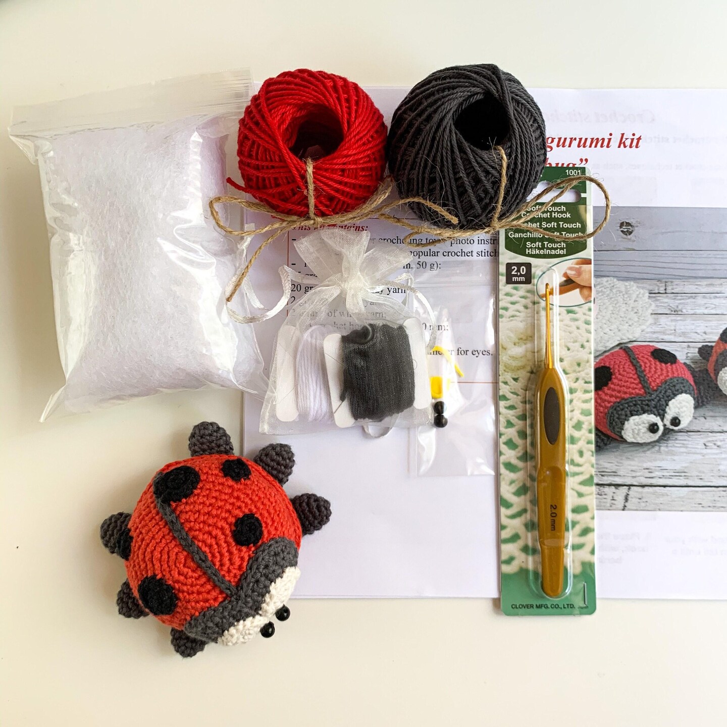 DIY Crochet Kit Amigurumi Ladybug Toy, Beginner-Friendly Craft Kit