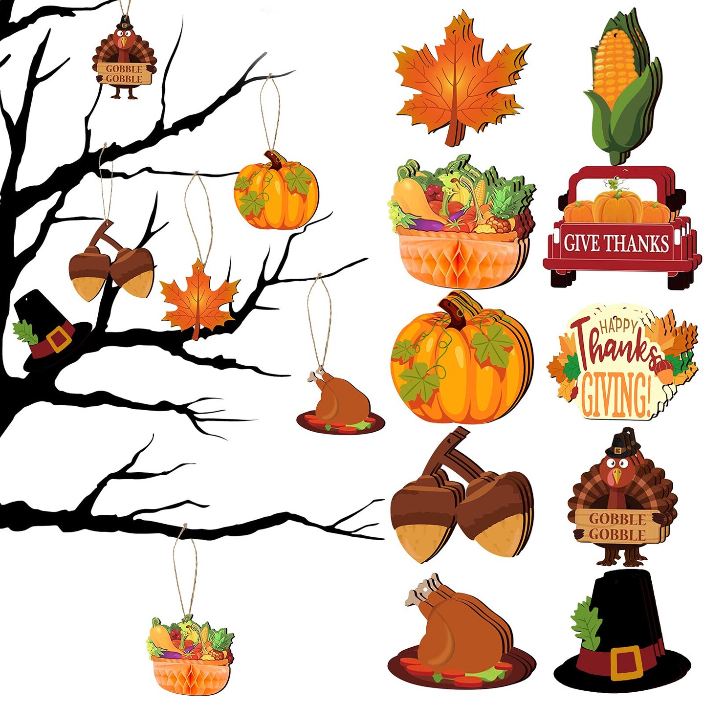 30 Pieces Fall Thanksgiving Wooden Ornaments Thanksgiving Pumpkin Cutouts Fall Mix Colorful Cutouts Turkey Maple Leaves Acorn Wooden Ornament Fall Hanging Ceiling