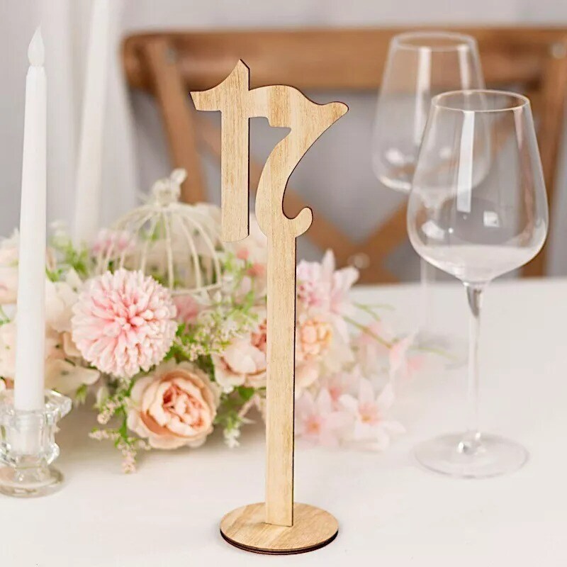Natural 20 Wooden 11" Table Numbers 1-20 Set on Sticks Round Holder Base Party