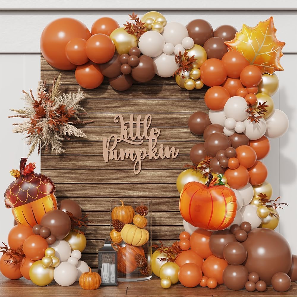 Fall Thanksgiving Balloons Garland Arch Kit 145pcs Orange Coffee Brown White Sand Boho Balloons for Autumn Birthday Hello Fall Little Pumpkin Baby Shower Party Decorations