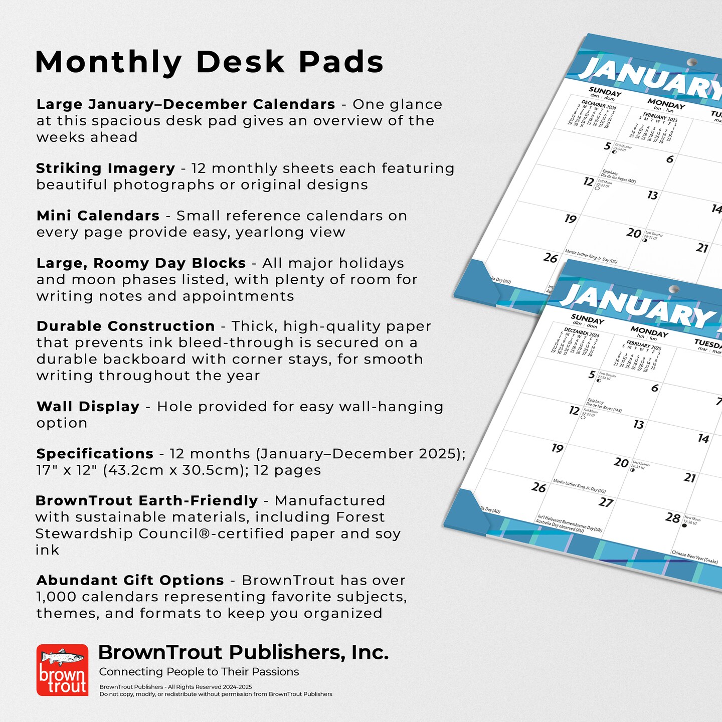 Large Print | 2025 17 x 12 Inch Monthly Desk Pad Calendar | BrownTrout | Easy to See Large Font