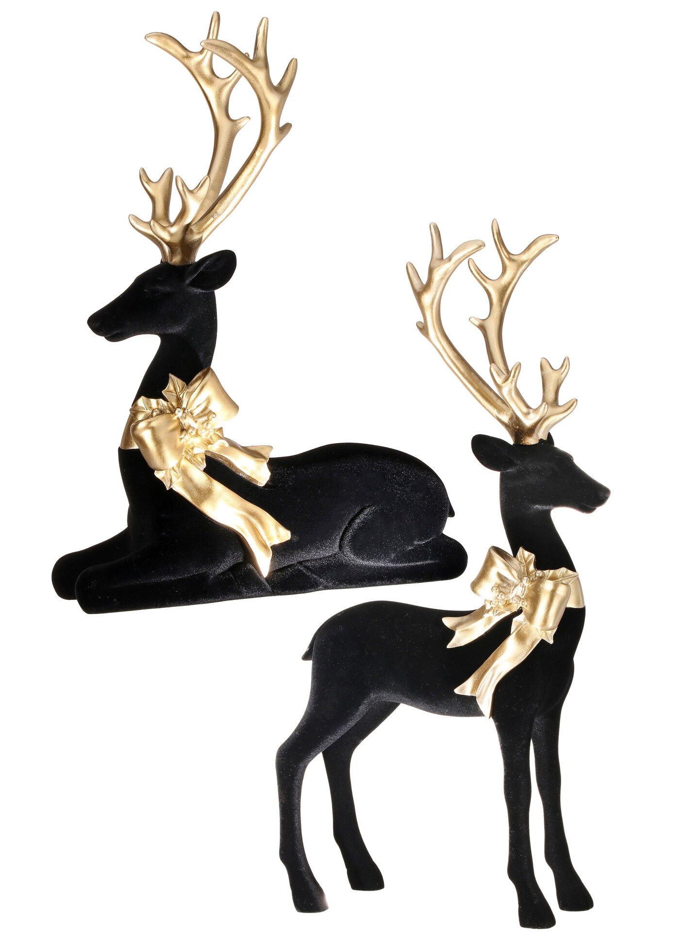 14-20&#x22; Resin Flocked Elegant Deer Set Black and Gold  &#x2013; Assorted Christmas Decorations