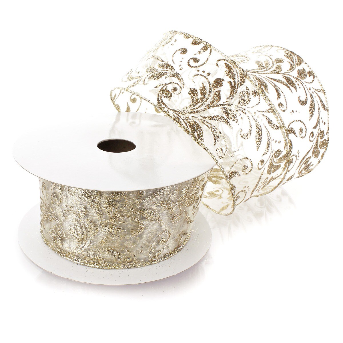 2 1/2&#x22; Wired Ribbon Glitter Swirl Leaves Ivory/Gold Sheer - 10 Yards