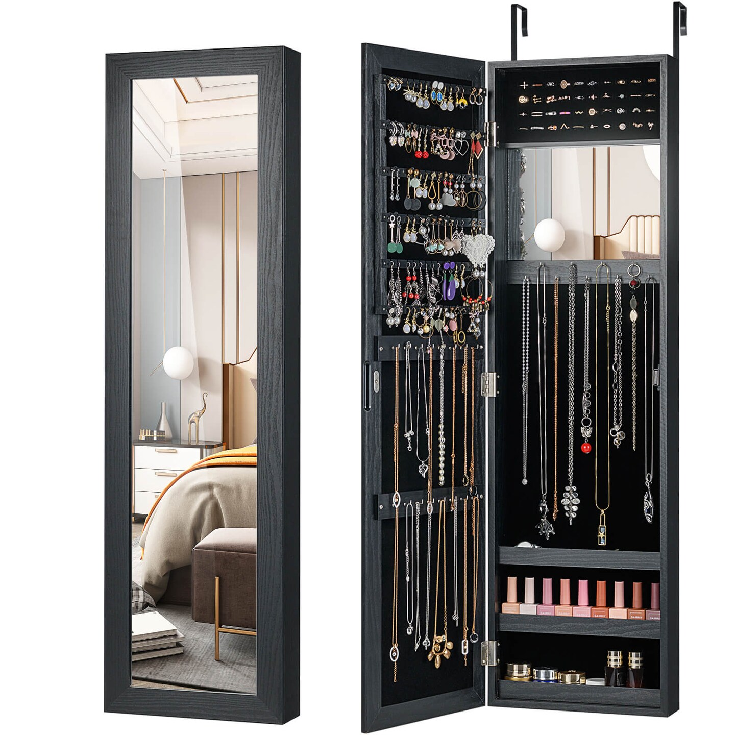 Costway Wall Door Mounted Mirrored Jewelry Cabinet Storage Organizer-Black/Brown/White
