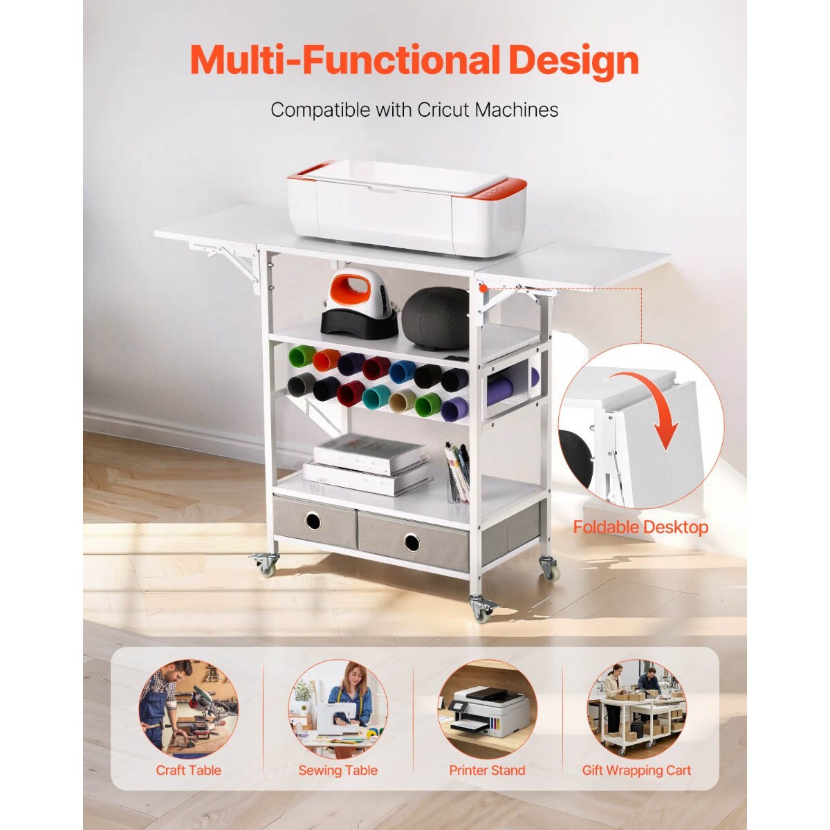 Foldable Rolling Craft Organizer with 2 Drawers and Vinyl Rack Ideal for Creative Spaces