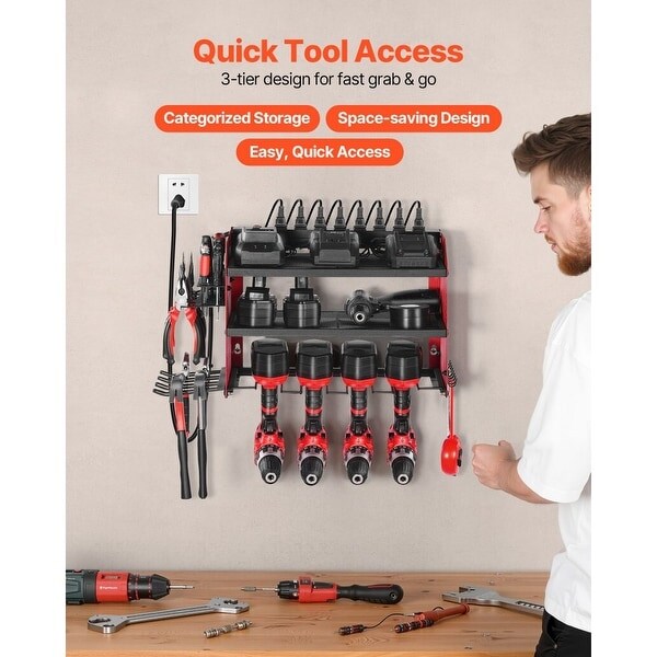 3-Tier Wall Hanging Tool Rack with Built-In 8-Outlet Power Strip and Adjustable Middle Shelf