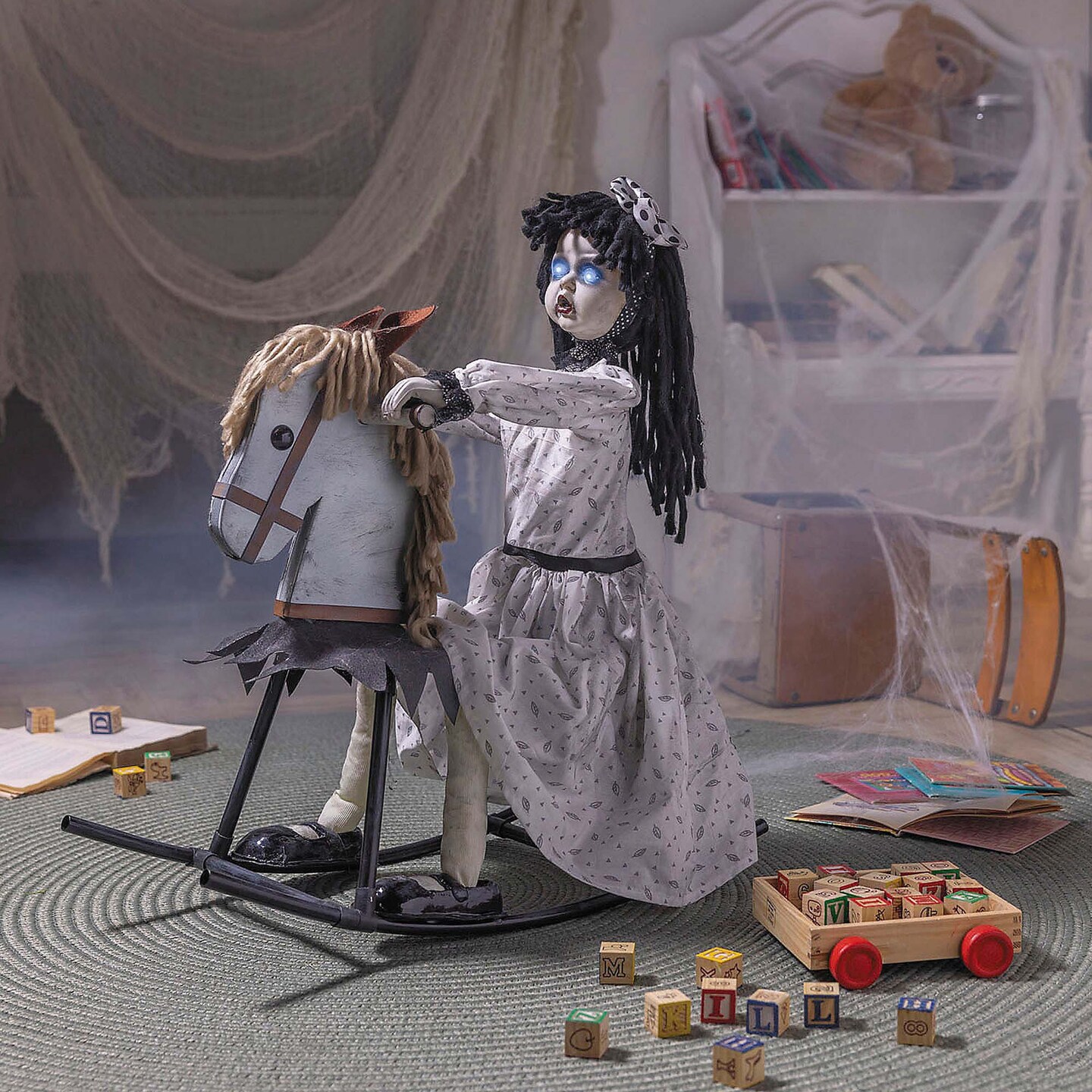 Life Size Girl on Wooden Rocking Horse Halloween Decoration