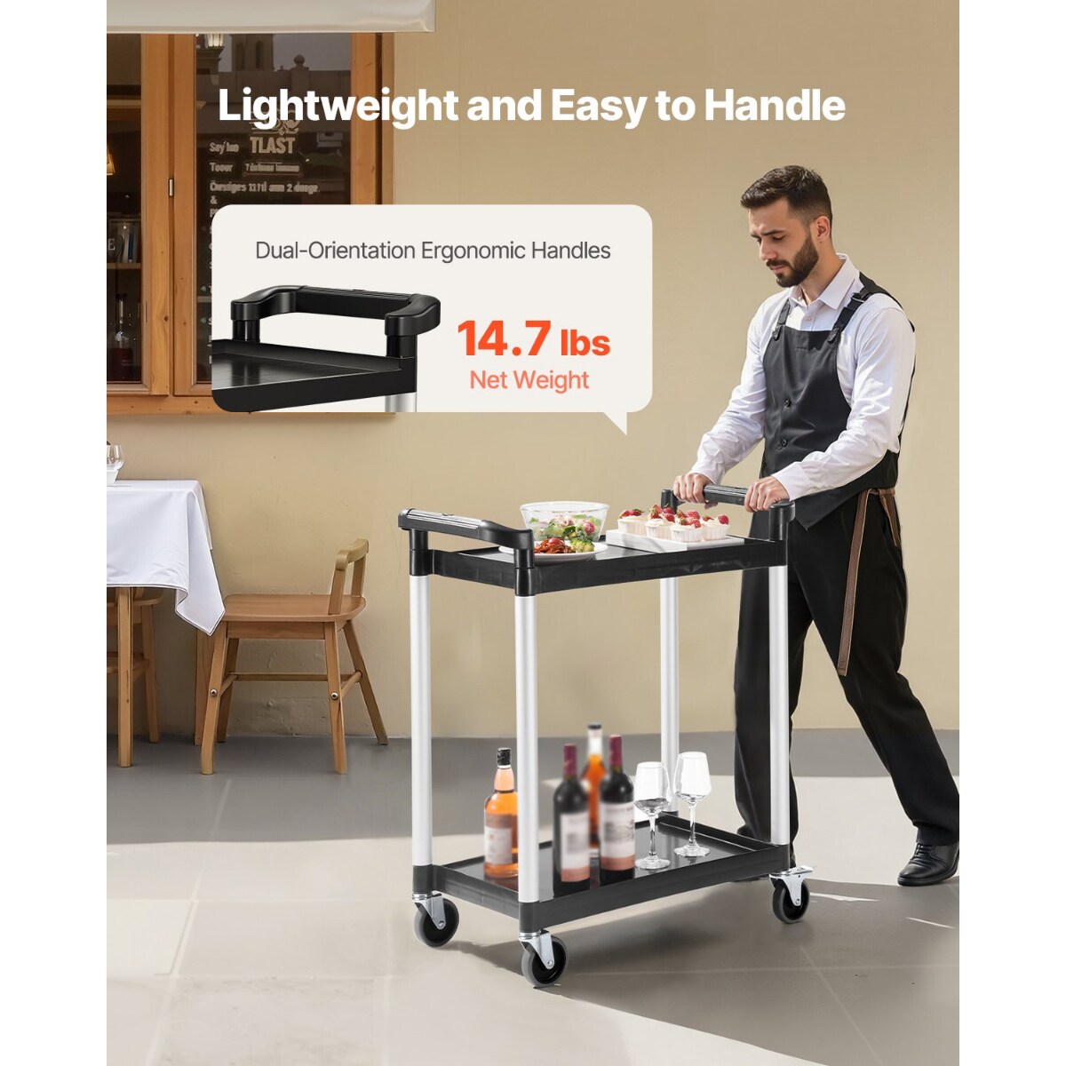 Black 2-Tier Utility Cart with 4 Swivel Casters Heavy-Duty Mobile Storage for Home and Garage