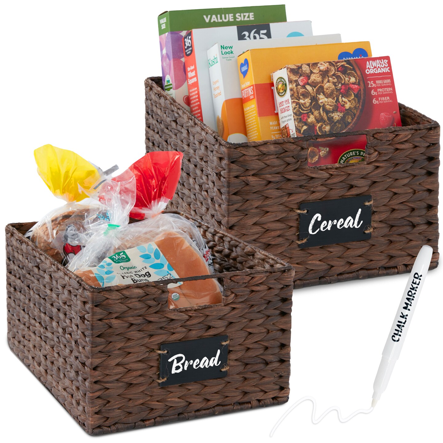 Best Choice Products Set of 2 16in Woven Water Hyacinth Pantry Baskets w/ Chalkboard Label, Chalk Marker