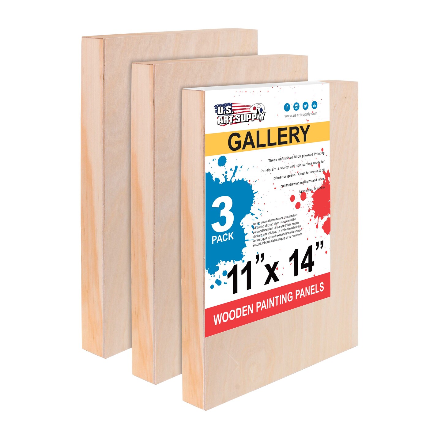 Unfinished Cradled Wood Panels for Painting, 3 Pack of 11x14 inch - Gallery Birch Wooden Canvas Boards 1-1/2&#x22; Deep - Mixed-Media Craft, Acrylic, Oil, Encaustic, Paint Pouring