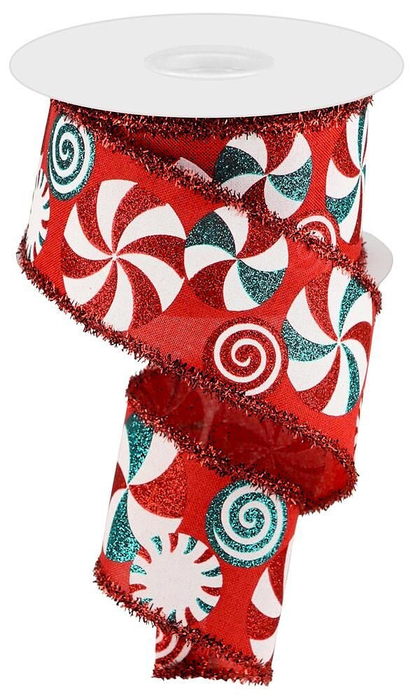 RG Ribbon: Red, White, and Blue Peppermints, 2.5&#x22; x 10 Yards, Wired, Tinsel Edges