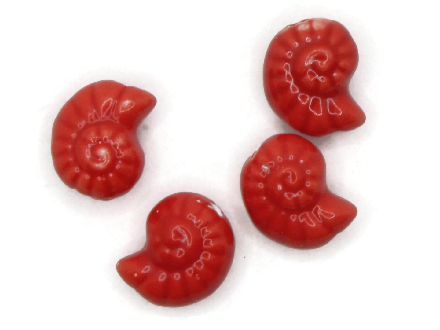 4 14mm Spiral Shell Red Porcelain Glass Beads