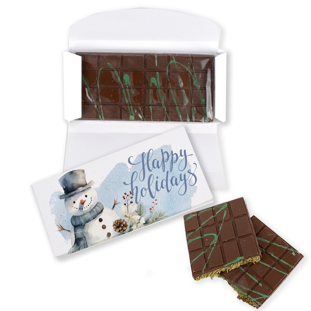 Happy Holidays 7.4oz Dubai Chocolate Bar Party Favors For Gifting, Stocking Stuffers & More - Snowman