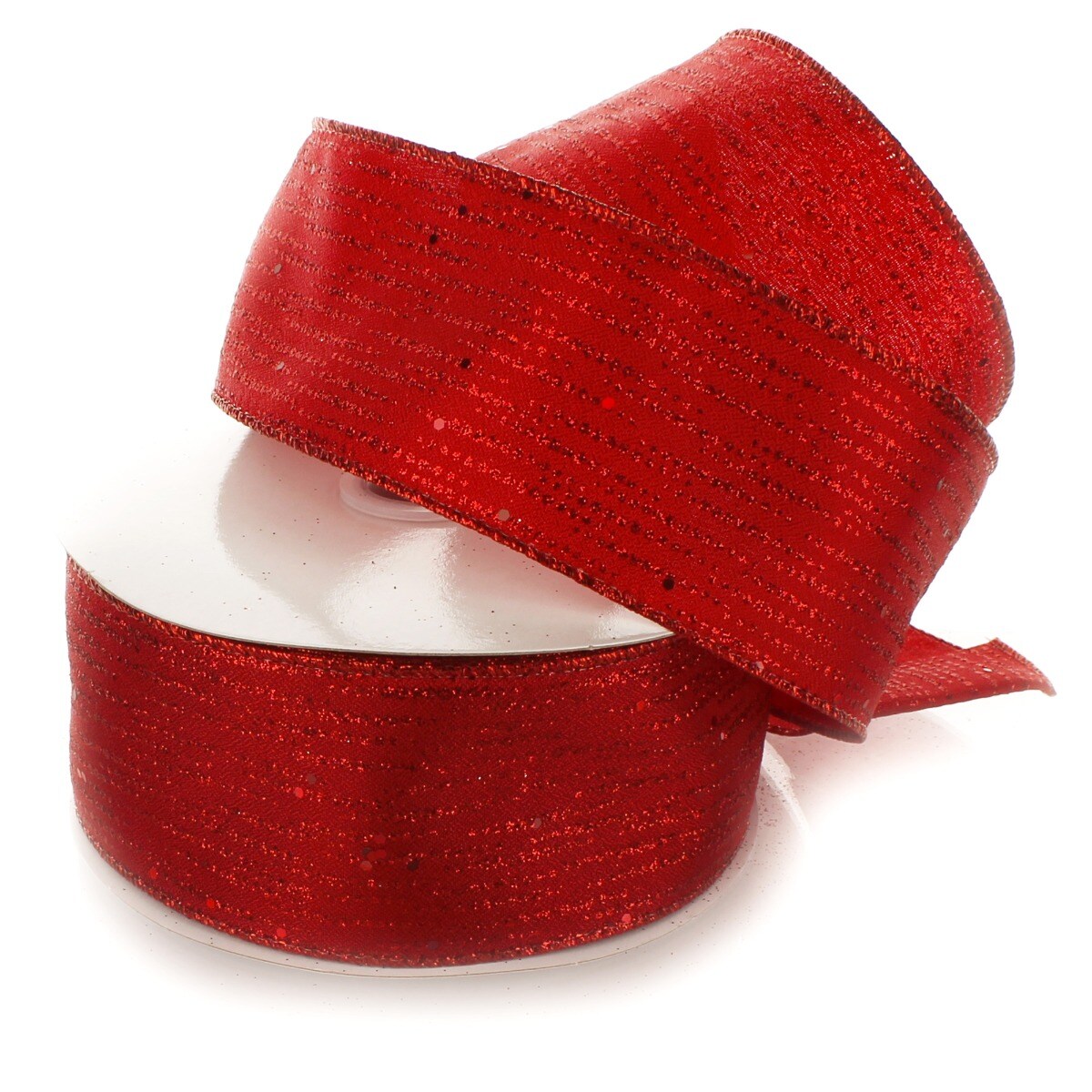 2 1/2" Wired Ribbon Horizontal Glitter/Sequin Stripes Solid Red - 10 Yards