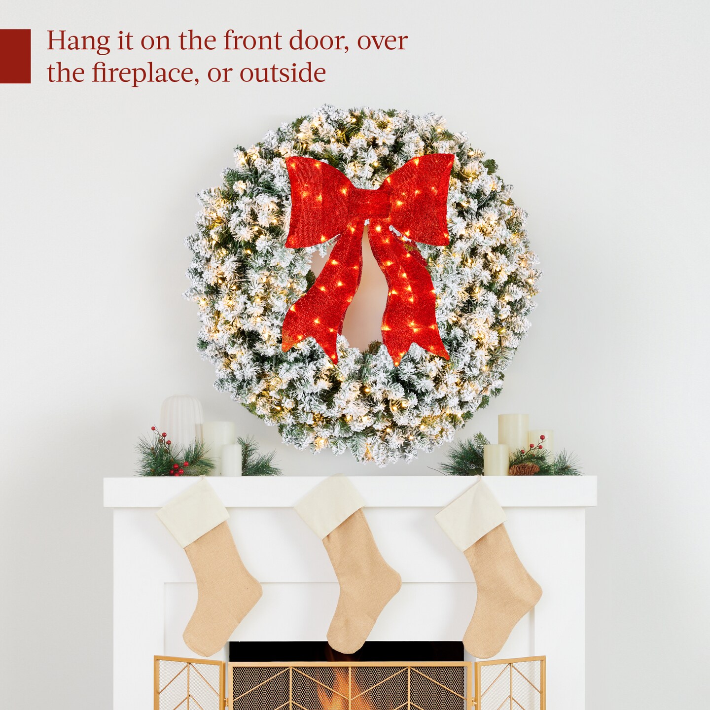 Best Choice Products Artificial Pre-Lit Flocked Fir Christmas Wreath Décor w/ Red Bow, LED Lights, Tips, Plug-In