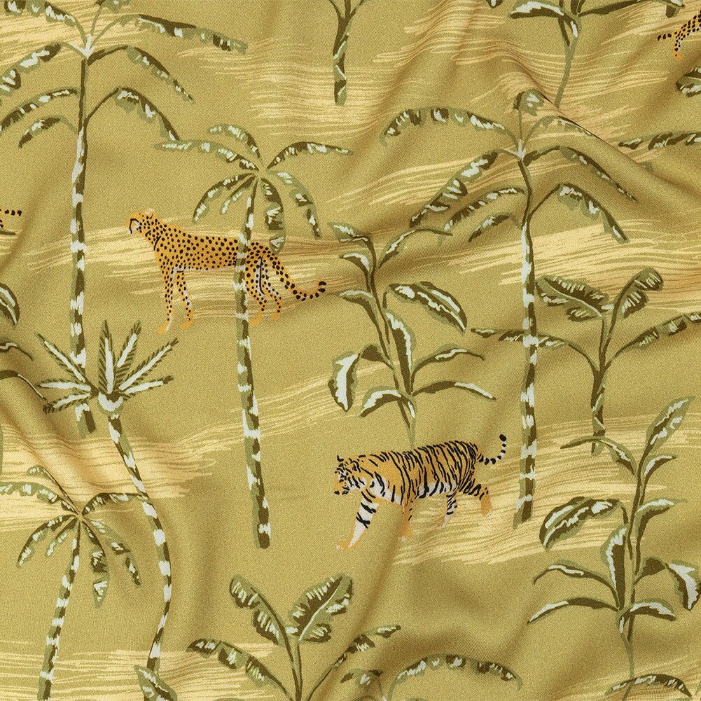 1 Yard Rayon Challis Palm Trees and Big Cats Cerrado Print Fabric