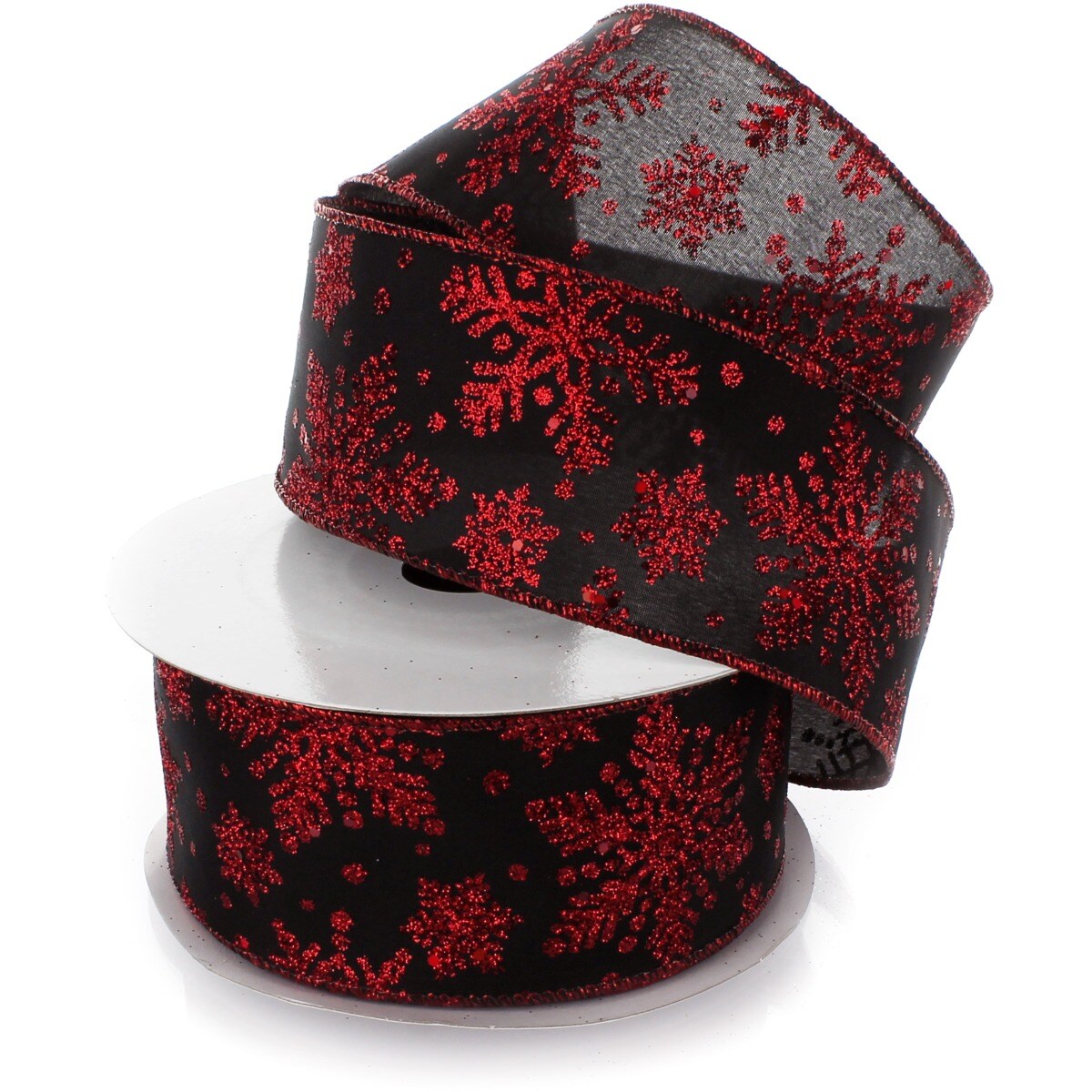 2 1/2" Wired Ribbon Glitter Snowflakes Satin Black/Red - 25 Yards