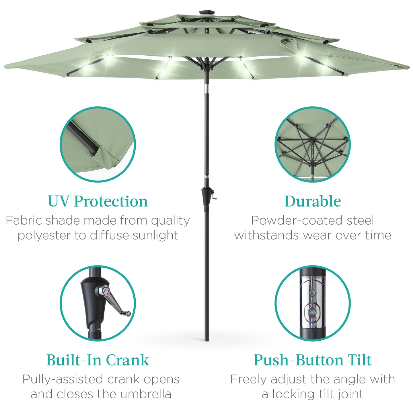Best Choice Products 10ft 3-Tier Solar Patio Umbrella w/ 24 LED Lights, Tilt Adjustment, Easy Crank