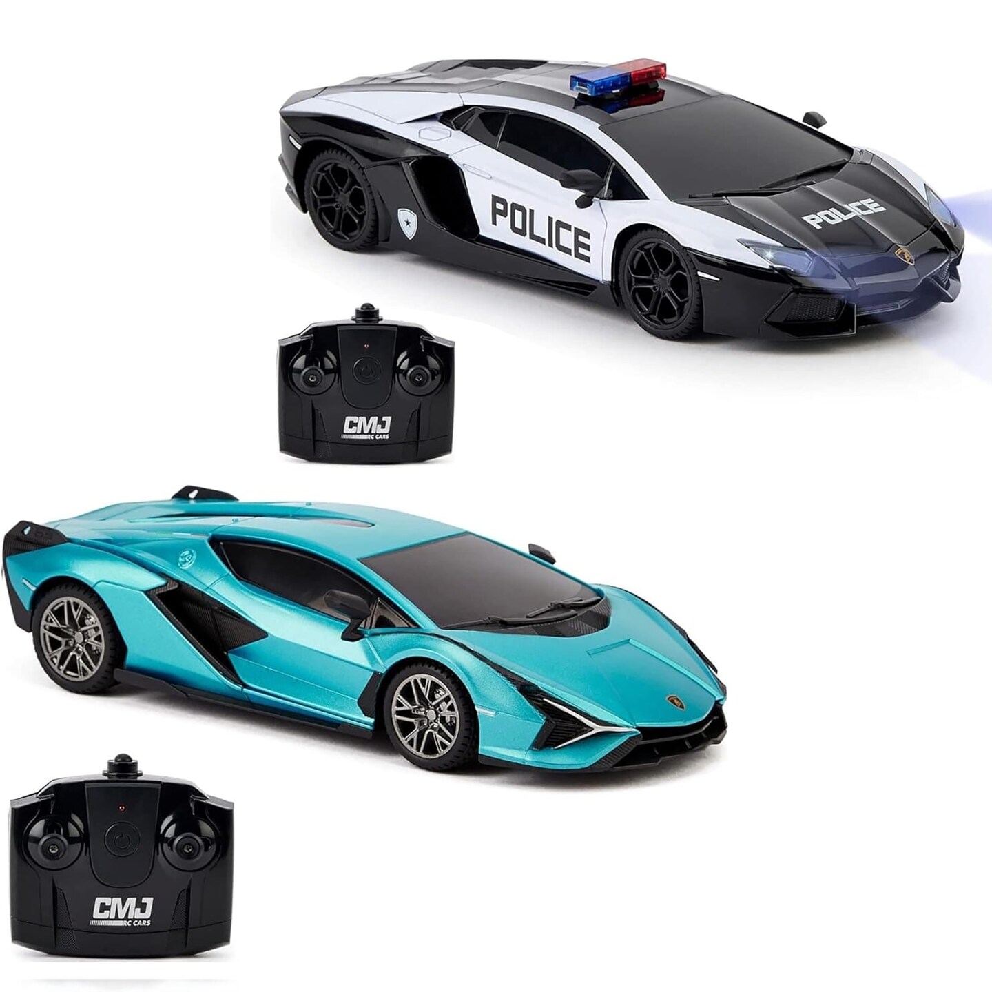 CMJ RC Cars: Lamborghini Twin Pack - Lamborghini Si&#xE1;n FKP 37 &#x26; Aventador LP700-4 Police Car - 1:24 Scale Remote Control Vehicles, Licensed Racing Toys
