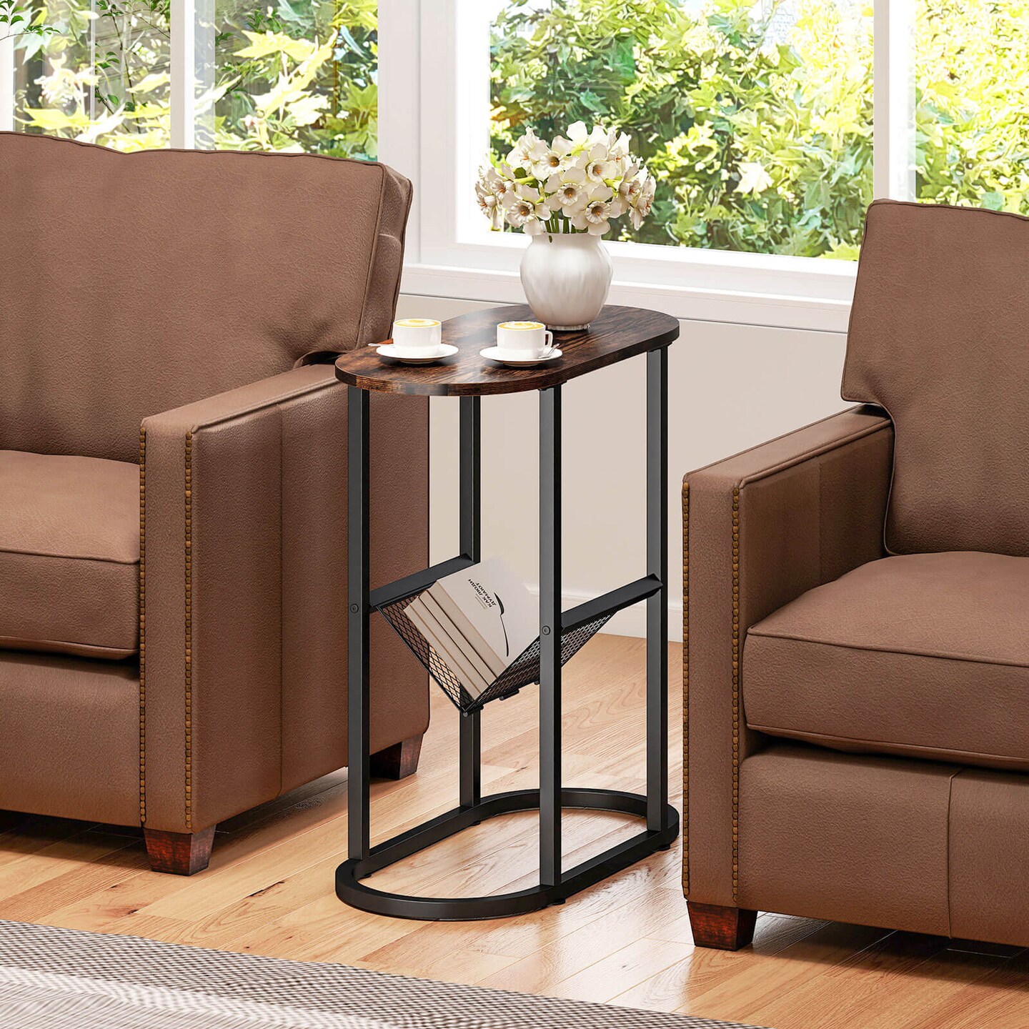 Costway 2 PCS End Table with Faux Marble Tabletop & Magazine Holder Heavy-duty Metal Frame Brown/White