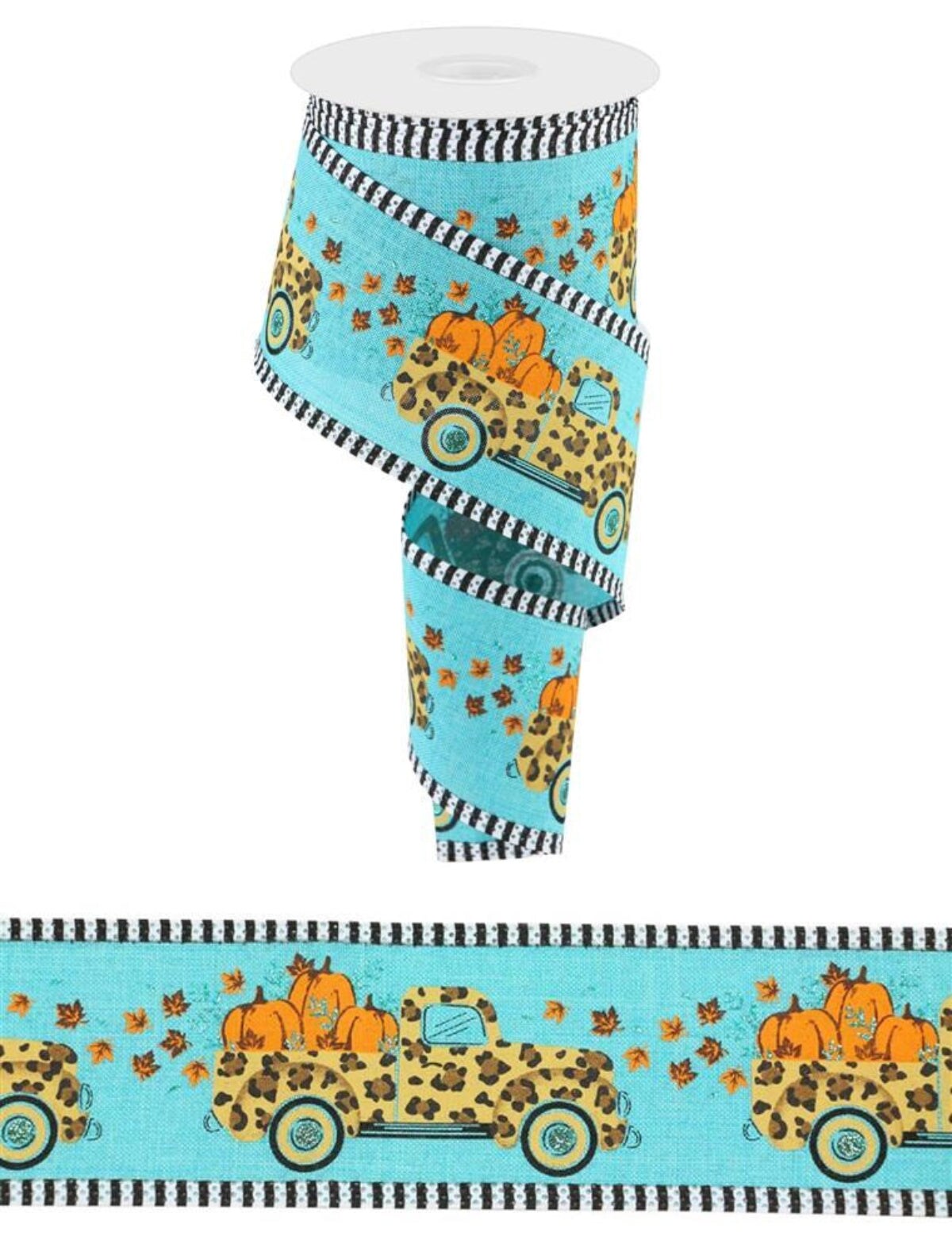 2.5&#x22; Leopard Truck Gingham Edge Ribbon: Teal (10 Yards)