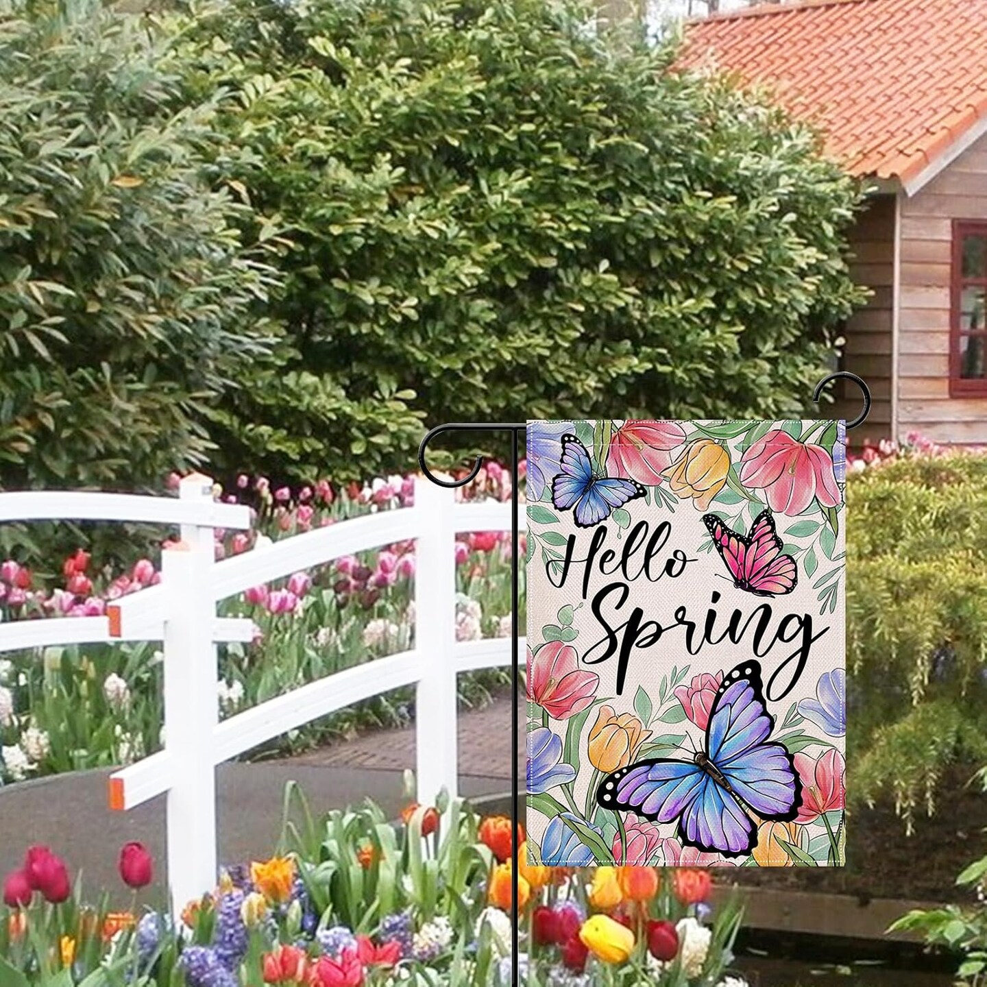 Hello Spring Butterfly Flower Small Decorative Garden Flag, Tulip Floral Eucalyptus Leaves Yard Lawn Outside Decor