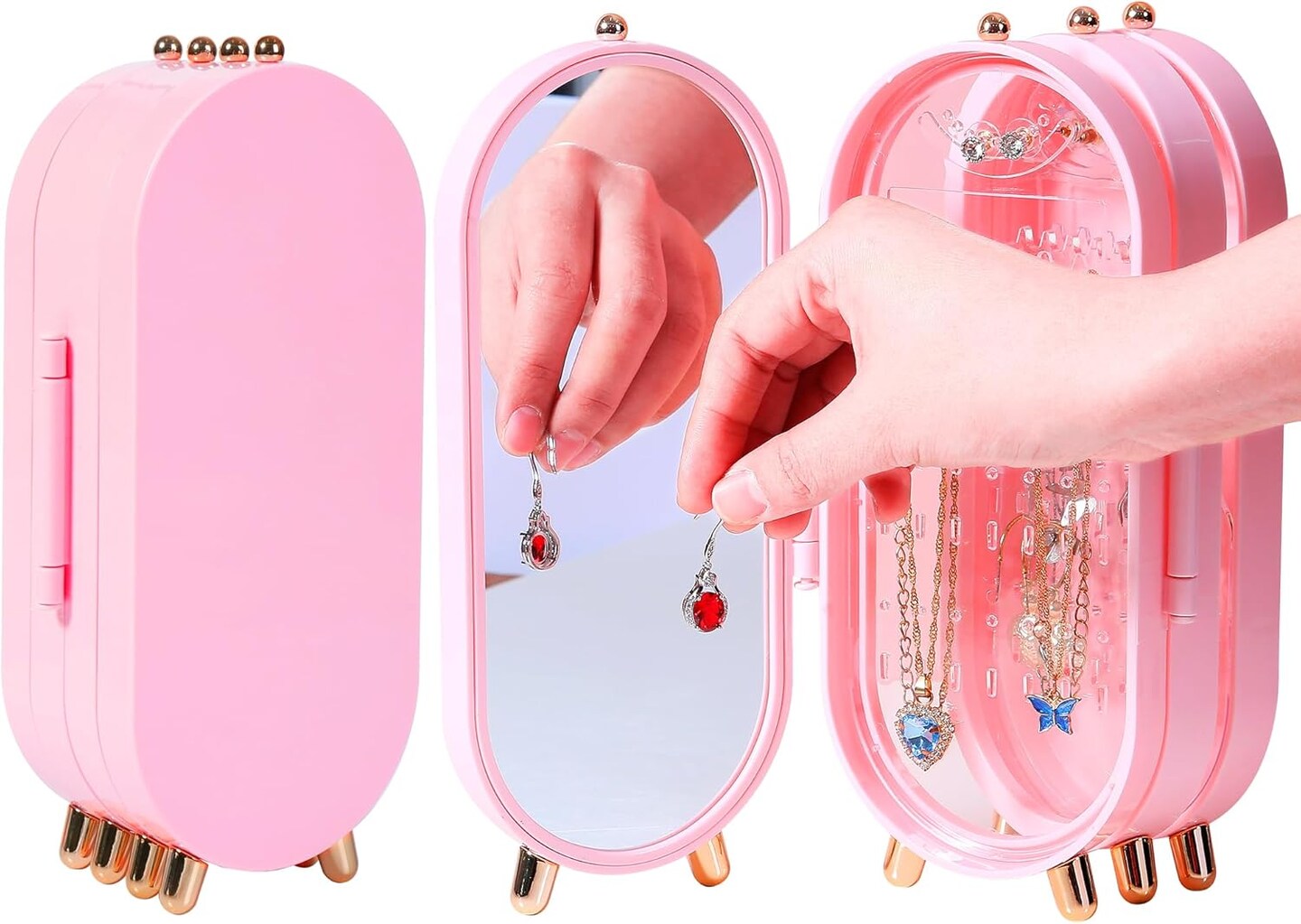 Earring Holder Stand Jewelry Storage Box for Women Foldable Acrylic Jewelry Display Stand Box Jewelry organizer with mirror Suitable for Drop Earrings,Necklaces,Rings,Diamonds,Emeralds (pink)