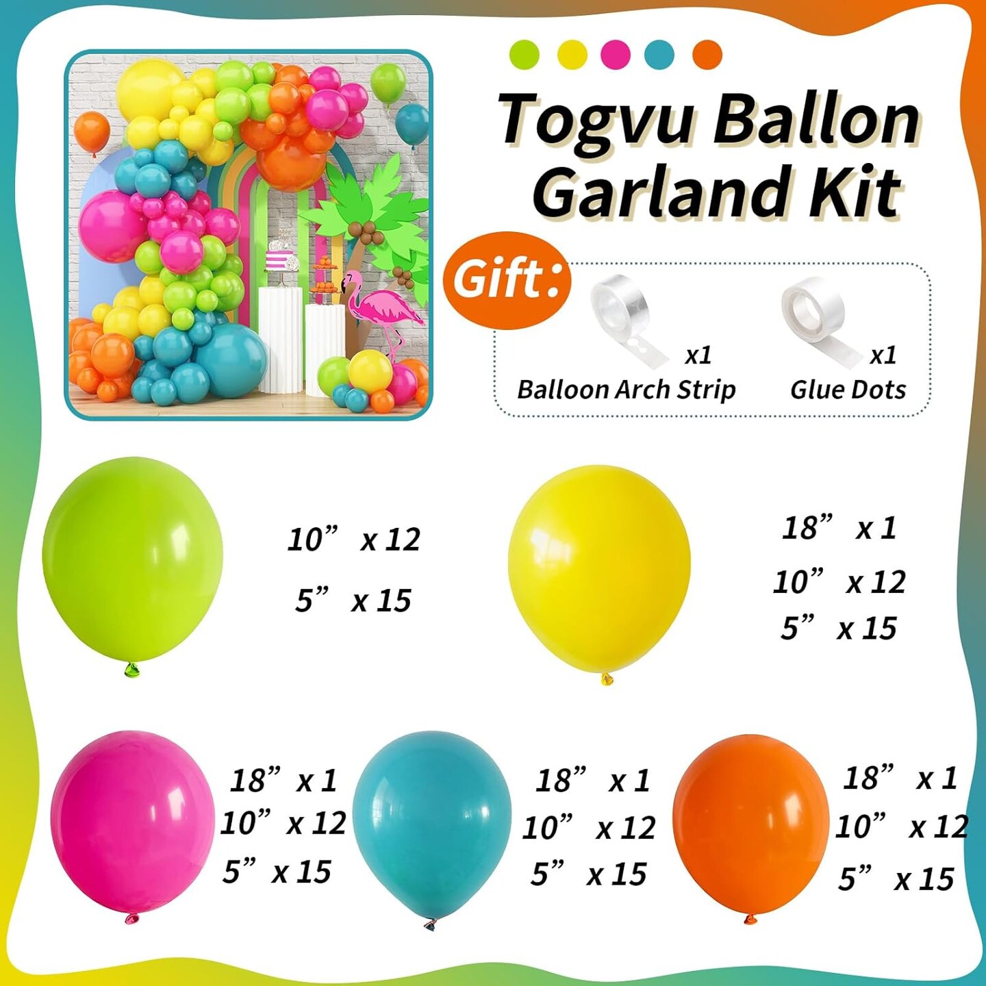 141-Piece Summer Tropical Balloon Arch Garland Kit – Hot Pink, Lime Green, Orange, Slate Blue, Yellow Latex Balloons for Hawaiian Luau, Birthday, Baby Shower, and Pool Party Decorations