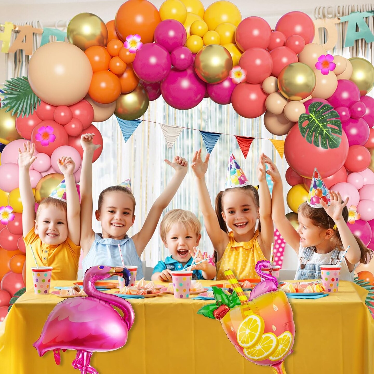 178Pcs Tropical Balloons Arch Garland Kit, Luau Tropical Party Decorations with Aloha Pineapple Coconut Hot Pink Aqua Blue Balloons &#x26; Palm Leaves for Hawaiian Summer Birthday Supplies