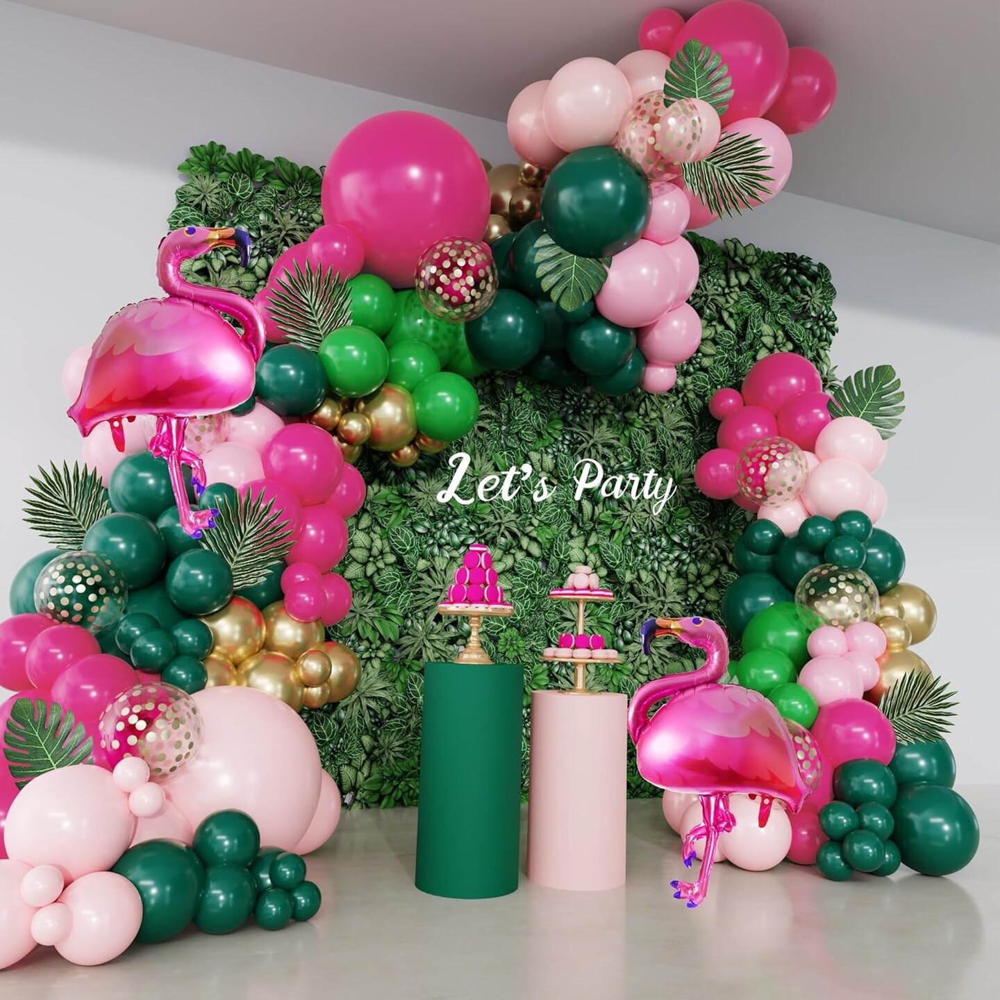 156Pcs Tropical Flamingo Balloon Arch Garland Kit, Hot Pink Dark Green Light Pink Gold Confetti Flamingo Foil Balloons