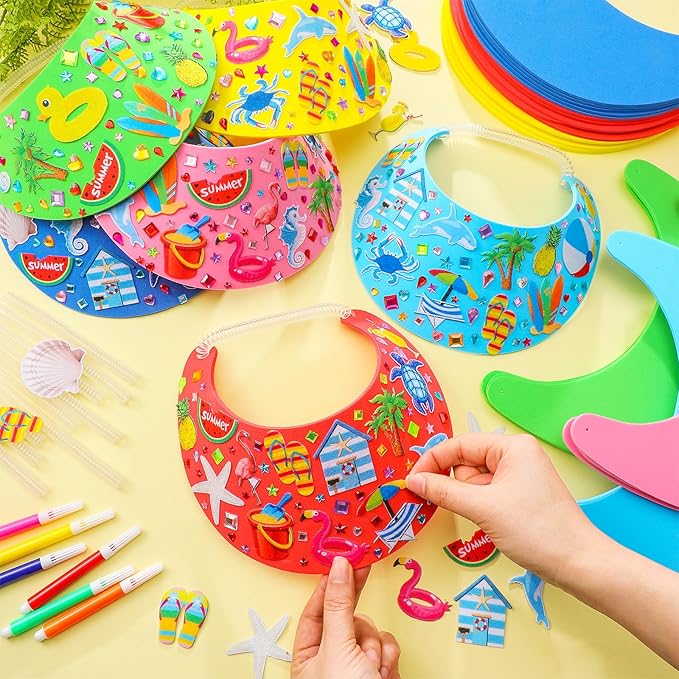36 Sets Summer Foam Visor Sun Hats Crafts Kits for Kids Include Assorted Color Foam Hats Rhinestone Felt Stickers and Markers for Boys Girls Crafts Outdoor Sea Party Activities Supplies