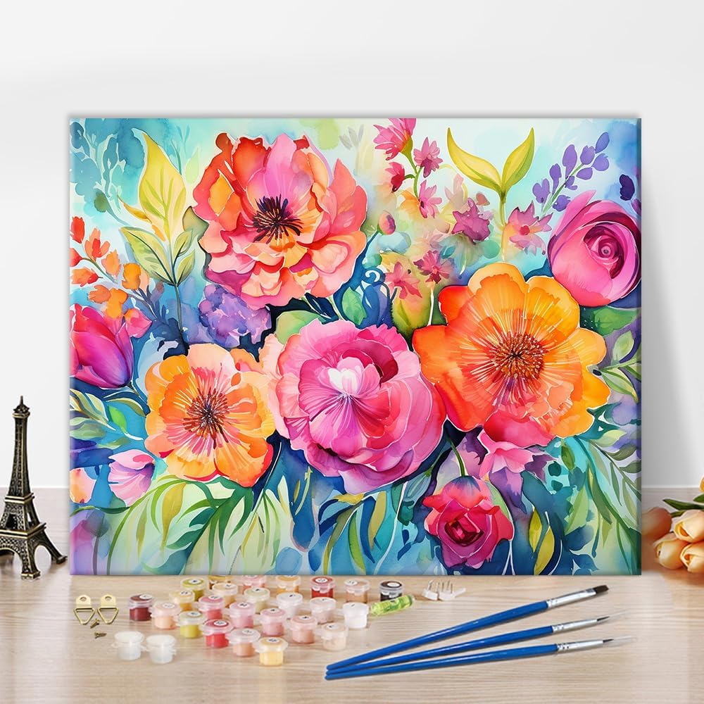 Flower Paint by Numbers for Adults & Kids – DIY Floral Canvas Painting Kit, Oil Painting Art Set for Beginners, Home Wall Decor, 16x20 Inch