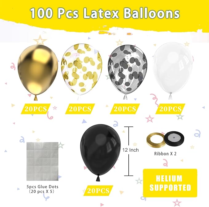 Black Gold White Confetti Balloon Set,100pcs 12 Inch Metallic Gold and Black White Glitter Confetti Balloon for Wedding, Birthday, Graduation Party Decorations,Happy New Year Decorations