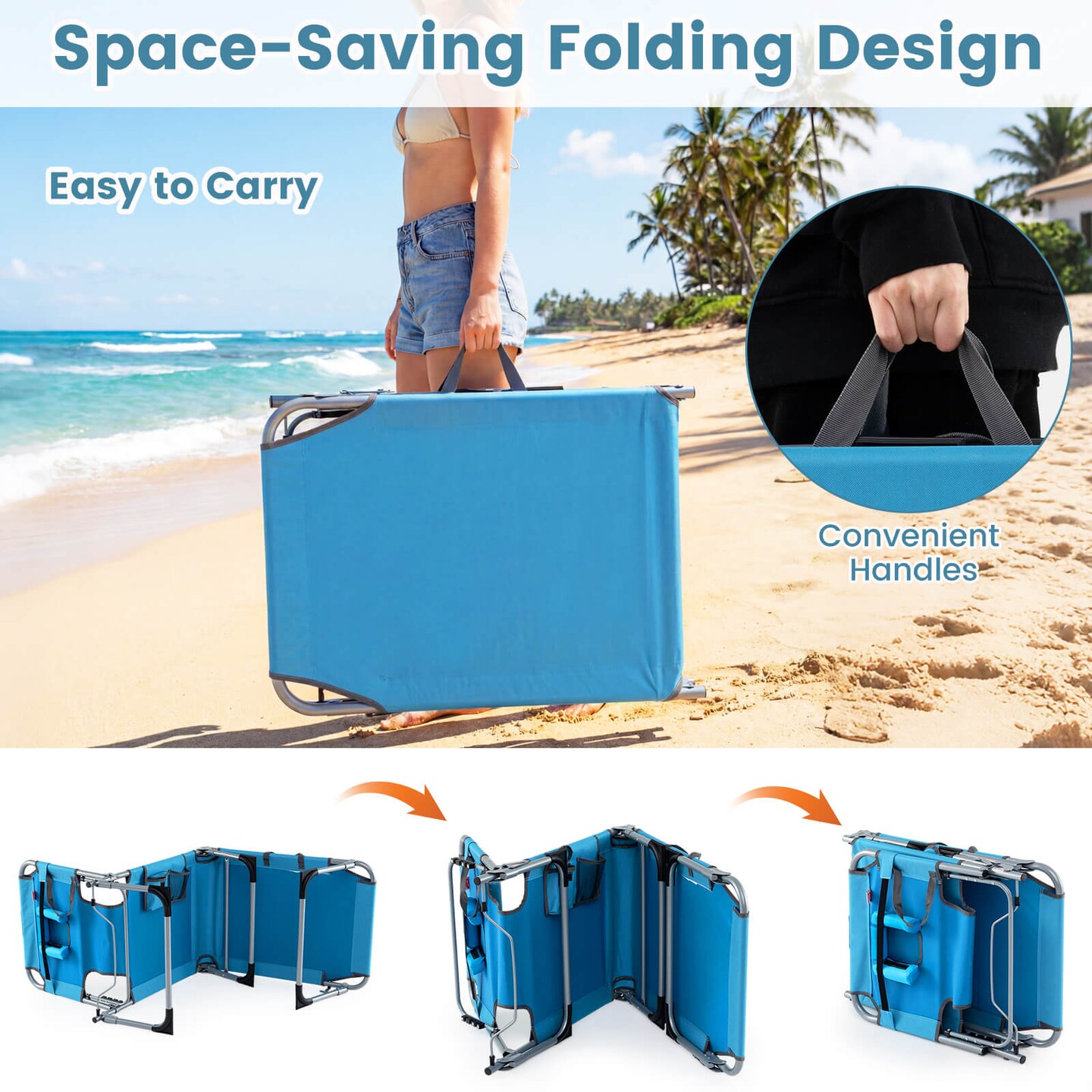 Goplus Outdoor Beach Lounge Chair Folding Chaise Lounge with Pillow Blue/Beige