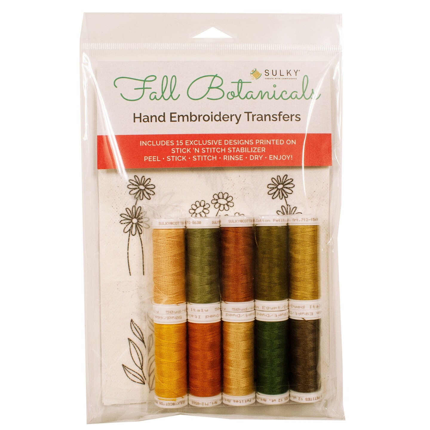 Sulky Stick &#x27;n Stitch Water-Soluble Embroidery Transfers-Fall Botanicals W/Thread