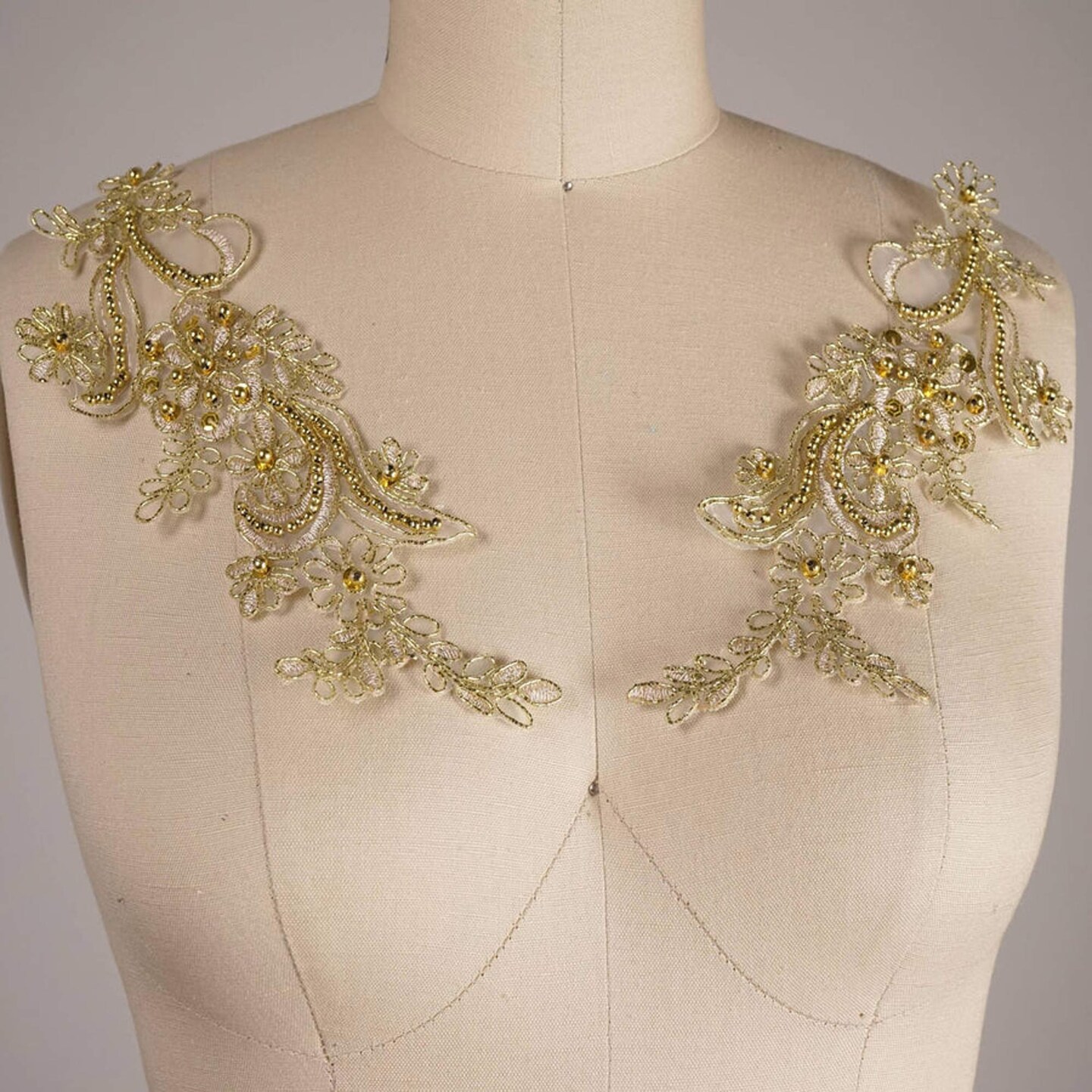 2 Piece Gold Beaded Lace Patch Applique 9 Inch Symmetrical Alencon for Costumes and Gowns