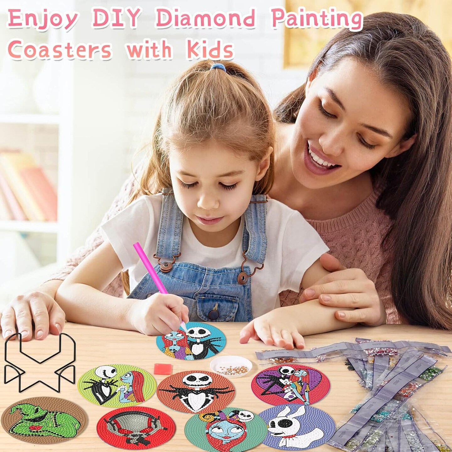 8Pcs Diamond Painting Coasters with Holder,DIY Halloween Life Coaster