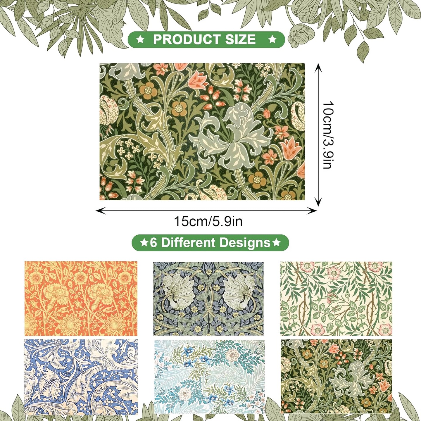 William Morris Greeting Cards with Envelopes, 24 Pack, Vintage Floral Stationery, Blank Note Cards for Wedding, Birthday, Baby Shower, Thank You, 4 x 6 Inches