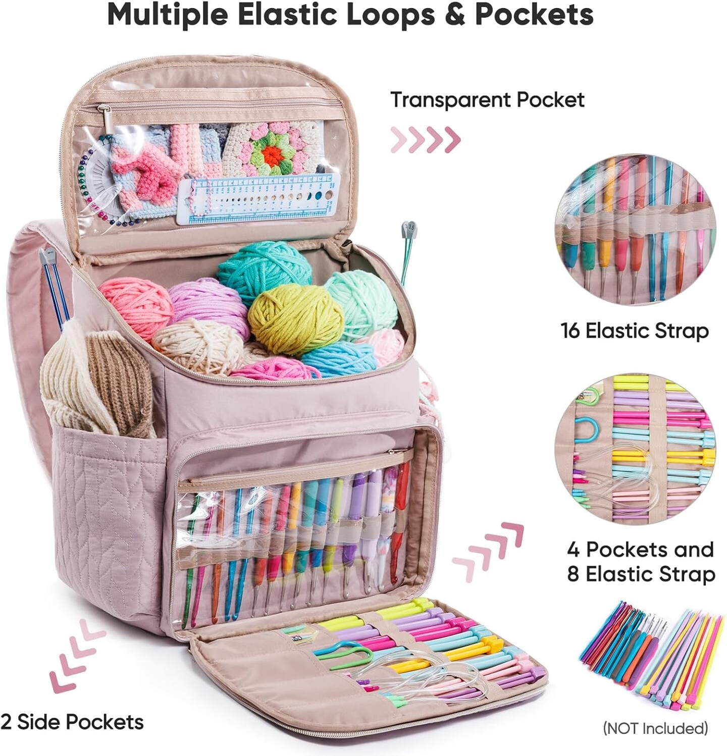 Knitting Bag Backpack, Large Crochet Backpack (PINK)