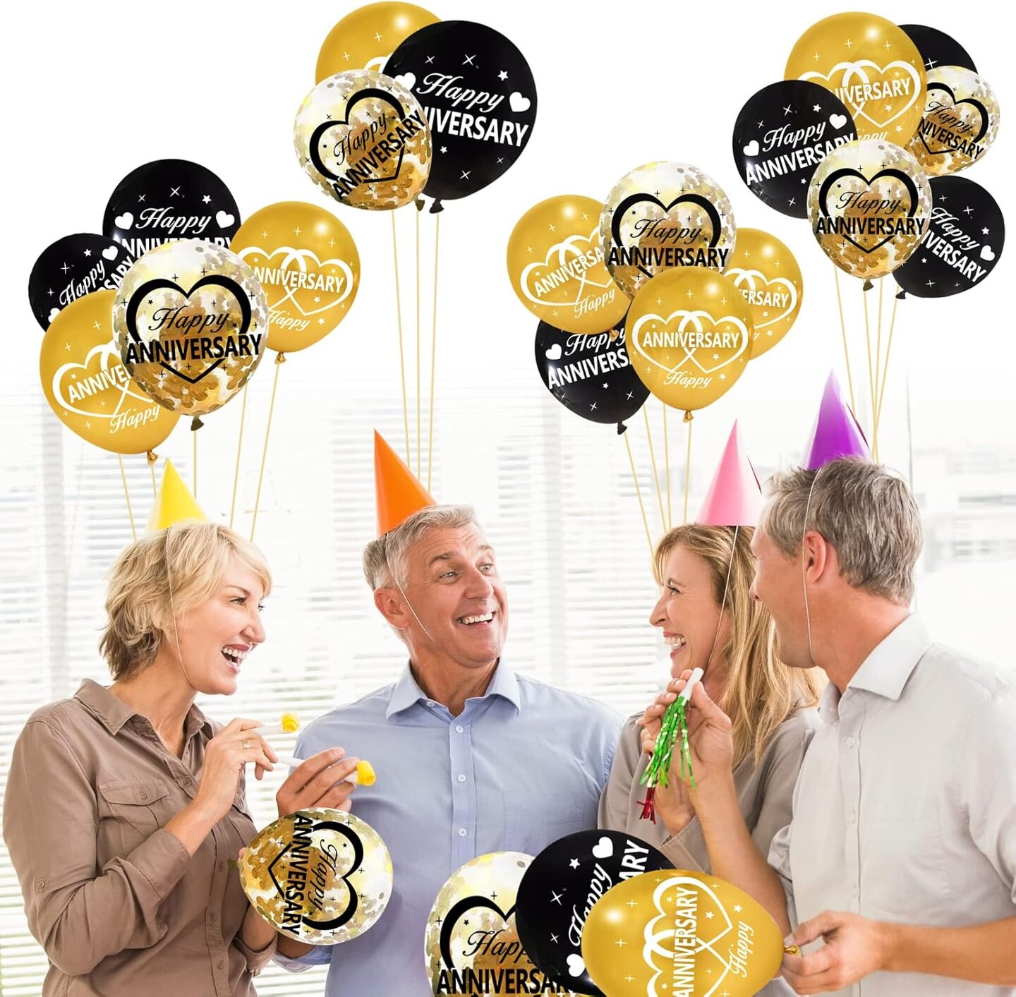 30Pcs Happy Anniversary Balloons Decorations Kit, 12 Inch Black Gold